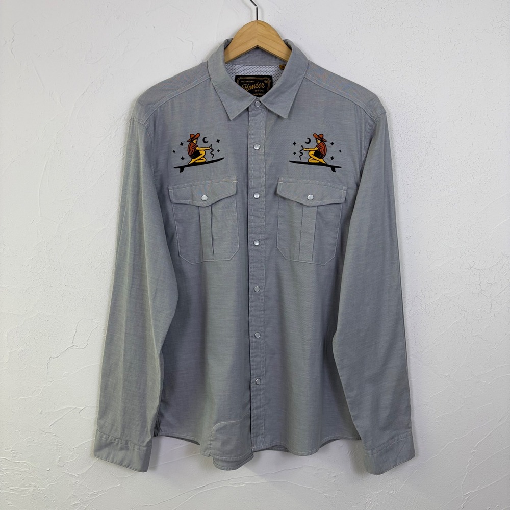 Howler Bros Gaucho Snapshirt Mens Medium Gray Embroidered Surfer Western Outdoor